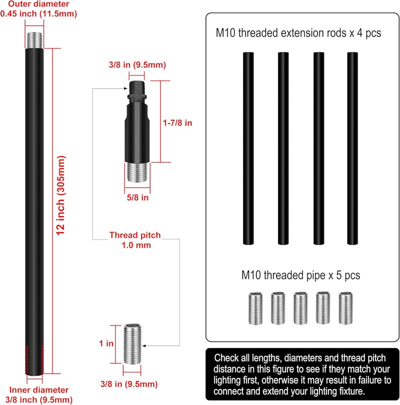 MAYOMAJO 4 Pieces 12-inch M10 Threaded Extension Poles Lighting Fixture Downrods Stems & 180 Degrees Sloped Ceiling Adapter Kits for Pendant Light, Island Lighting, Chandeliers (Black) - Image 2